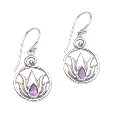 Amethyst dangle earrings, 'Lotus Soul' - Handmade 925 Sterling Silver Amethyst Lotus Earrings