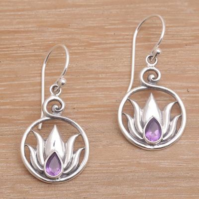 Amethyst dangle earrings, 'Lotus Soul' - Handmade 925 Sterling Silver Amethyst Lotus Earrings