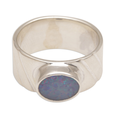 Opal cocktail ring, 'Open Sky' - Handmade 925 Sterling Silver Single Stone Opal Ring Bali