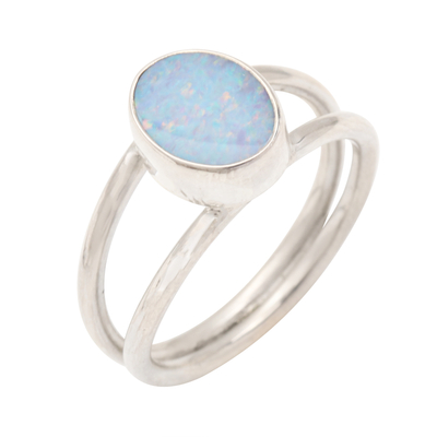 Opal single stone ring, 'Oval Sky' - Opal and Sterling Silver Single Stone Ring from Bali