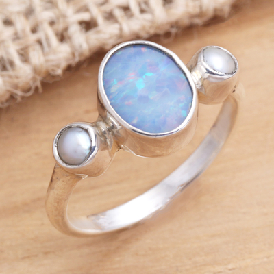 Opal and cultured pearl cocktail ring, 'The Moon and the Sea' - Handmade Opal Cultured Pearl 925 Sterling Silver Ring