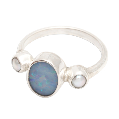 Opal and cultured pearl cocktail ring, 'The Moon and the Sea' - Handmade Opal Cultured Pearl 925 Sterling Silver Ring