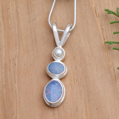 Opal and cultured pearl pendant necklace, 'Sea Symphony' - Handmade Opal Freshwater Cultured Pearl Pendant Necklace