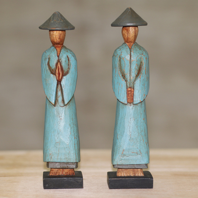 Wood sculptures, 'Farmer Greetings' (pair) - Handmade Albesia Wood Sculpture Pair Indonesian Farmer