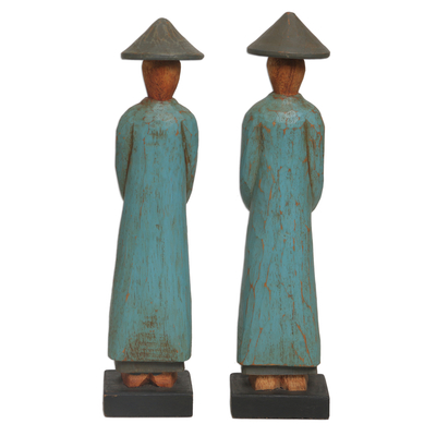 Wood sculptures, 'Farmer Greetings' (pair) - Handmade Albesia Wood Sculpture Pair Indonesian Farmer