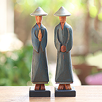Wood statuettes, 'Agrarian Duo' (pair) - Hand Carved Dark Green Robed Wood Farmer Statuettes (Pair)