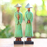 Wood statuettes, 'Companions' (pair) - Hand Carved Green Robed Wood Farmer Statuettes (Pair)