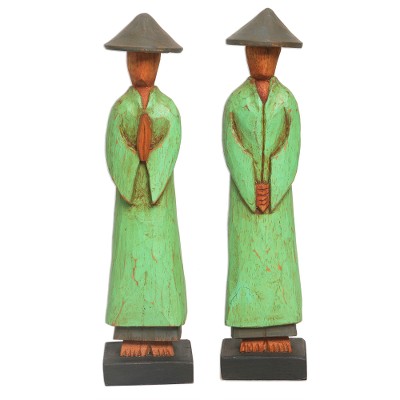 Wood statuettes, 'Companions' (pair) - Hand Carved Green Robed Wood Farmer Statuettes (Pair)