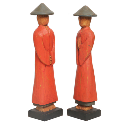 Wood statuettes, 'Neighborly Couple' (pair) - Hand Carved Red Robed Wood Farmer Statuettes (Pair)
