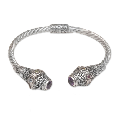 Multi-gemstone cuff bracelet, 'Mystical Circle' - Handmade Multi Gemstone 925 Sterling Silver Cuff Bracelet