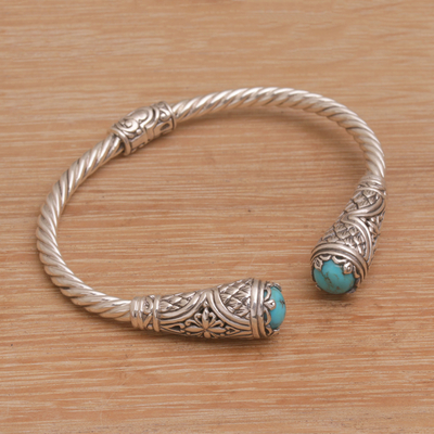 Sterling silver cuff bracelet, 'Mother Lotus' - Reconstituted Turquoise 925 Sterling Silver Cuff Bracelet