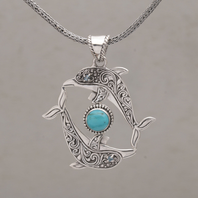 Blue topaz pendant necklace, Dolphin Harmony