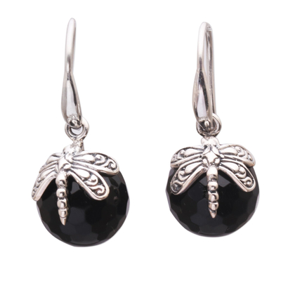 Onyx dangle earrings, 'Dragonfly Eclipse' - Onyx Dragonfly Dangle Earrings from Indonesia