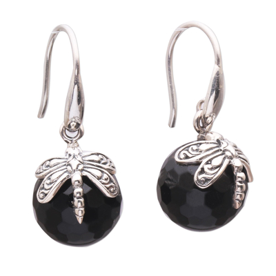 Onyx dangle earrings, 'Dragonfly Eclipse' - Onyx Dragonfly Dangle Earrings from Indonesia
