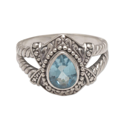 Blue topaz cocktail ring, 'Crown of Celuk' - Blue Topaz and Sterling Silver Solitaire Ring from Bali