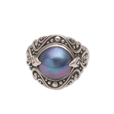 Cultured pearl cocktail ring, 'Bali Grace' - Blue Cultured Pearl Cocktail Ring from Bali