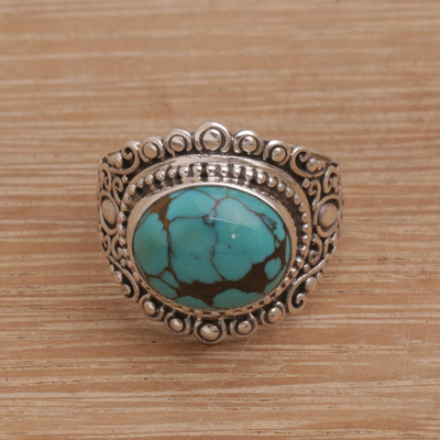Sterling silver cocktail ring, 'Celuk Sky' - Balinese Reconstituted Turquoise Cocktail Ring