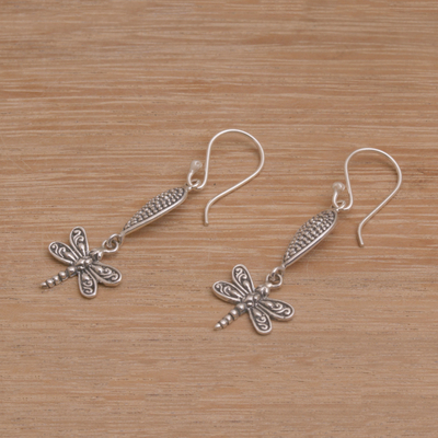 Sterling silver dangle earrings, 'Free Flying' - Handmade 925 Sterling Silver Dragonfly Dangle Earrings