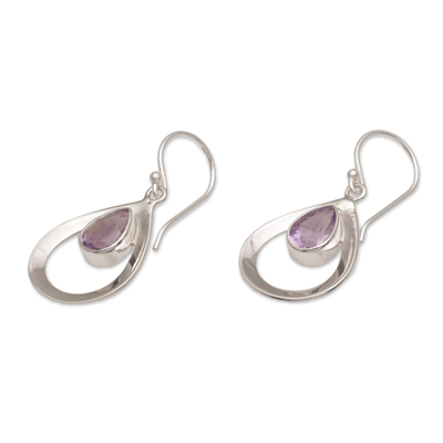 Amethyst dangle earrings, 'Cool Raindrops' - Handmade Amethyst 925 Sterling Silver Dangle Earrings