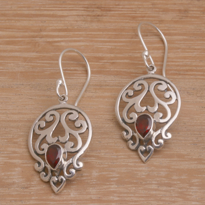 Garnet dangle earrings, 'Dialogue in Red' - Handmade 925 Sterling Silver Green Garnet Dangle Earrings