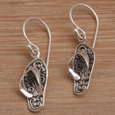 Sterling silver dangle earrings, 'Celuk Sandal' - Handmade Sterling Silver Dangle Sandal Earrings from Bali