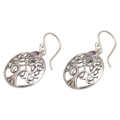 Amethyst dangle earrings, 'Banyan Beauty' - Balinese Amethyst and Sterling Silver Tree Dangle Earrings