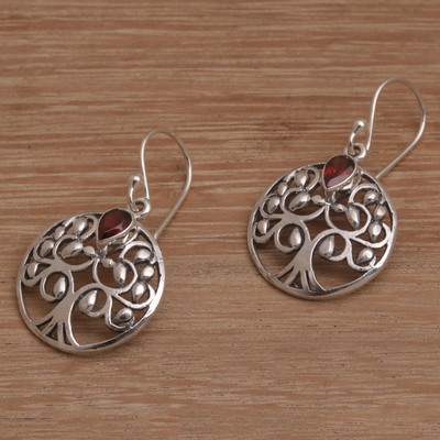 Garnet dangle earrings, 'Banyan Beauty' - Balinese Garnet and Sterling Silver Tree Dangle Earrings