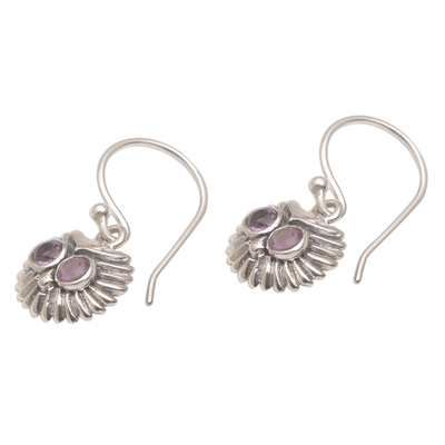 Amethyst dangle earrings, 'Opulent Owl' - Amethyst and Sterling Silver Owl Dangle Earrings from Bali