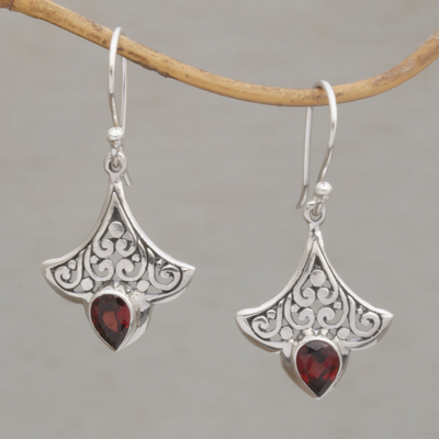 Garnet dangle earrings, 'Crimson Crown' - Balinese Garnet and Sterling Silver Dangle Earrings