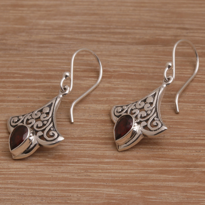 Garnet dangle earrings, 'Crimson Crown' - Balinese Garnet and Sterling Silver Dangle Earrings