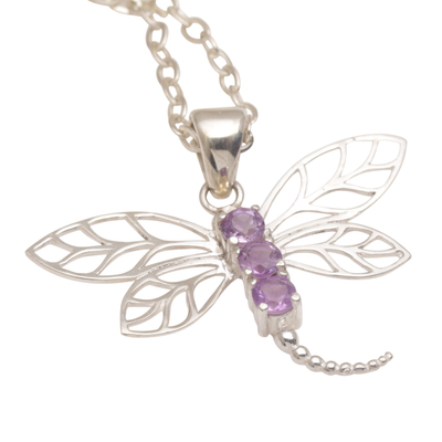 Amethyst pendant necklace, 'Amethyst Wings' - 925 Sterling Silver Amethyst Dragonfly Pendant Necklace