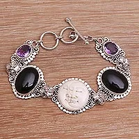 Onyx and amethyst link bracelet, 'Midnight Duo' - Handcrafted Sterling Silver Onyx Amethyst Bone Bracelet