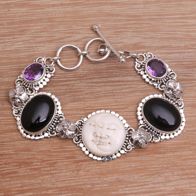 Onyx and amethyst link bracelet, 'Midnight Duo' - Handcrafted Sterling Silver Onyx Amethyst Bone Bracelet
