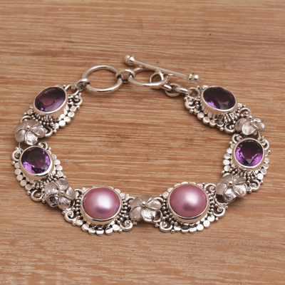 Cultured pearl and amethyst link bracelet, 'The Beginning' - Handmade 925 Sterling Silver Amethyst Beaded Bracelet