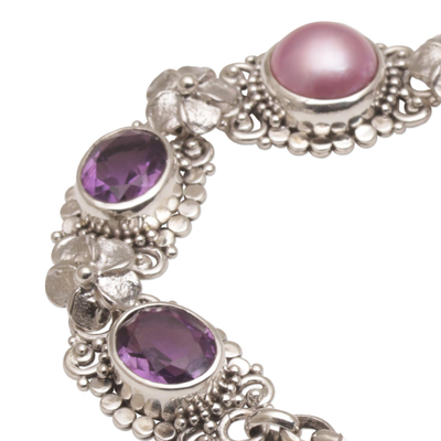 Cultured pearl and amethyst link bracelet, 'The Beginning' - Handmade 925 Sterling Silver Amethyst Beaded Bracelet