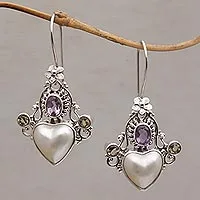 Multi-gemstone dangle earrings, 'Flying Hearts' - Cultured Pearl, Amethyst and Citrine Heart Dangle Earrings