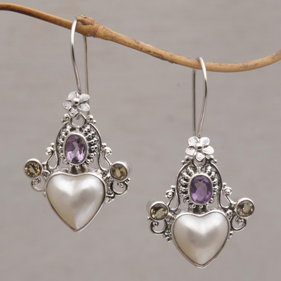 Multi-gemstone dangle earrings, 'Flying Hearts' - Cultured Pearl, Amethyst and Citrine Heart Dangle Earrings