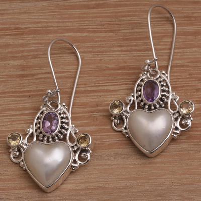 Multi-gemstone dangle earrings, 'Flying Hearts' - Cultured Pearl, Amethyst and Citrine Heart Dangle Earrings