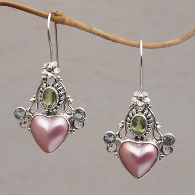 Multi-gemstone dangle earrings, Flying Hearts
