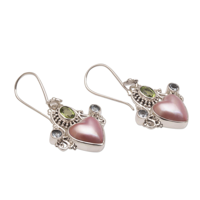 Multi-gemstone dangle earrings, 'Flying Hearts' - Cultured Pearl Blue Topaz and Peridot Heart Dangle Earrings