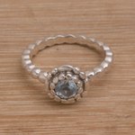 Blue topaz single-stone ring, 'Pretty Posy' - Sterling Silver and Blue Topaz Flower Ring from Bali