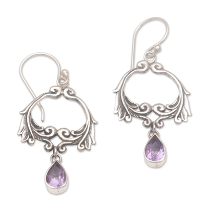 Amethyst dangle earrings, 'Bali Garland' - Garland Shaped Sterling Silver Earrings with Amethysts