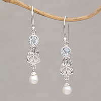 Hook Earrings with Blue Topaz and Cultured Pearl,'Gracious Offering'