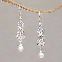 Blue topaz and cultured pearl dangle earrings, 'Gracious Offering' - Hook Earrings with Blue Topaz and Cultured Pearl