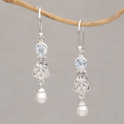 Blue topaz and cultured pearl dangle earrings, Gracious Offering