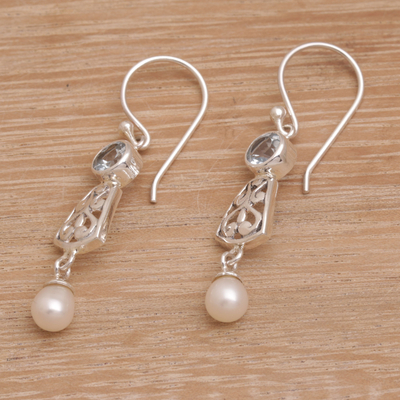 Blue topaz and cultured pearl dangle earrings, 'Gracious Offering' - Hook Earrings with Blue Topaz and Cultured Pearl