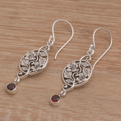Garnet dangle earrings, 'Jepun Garden' - Garnet and Sterling Silver Frangipani Motif Earrings