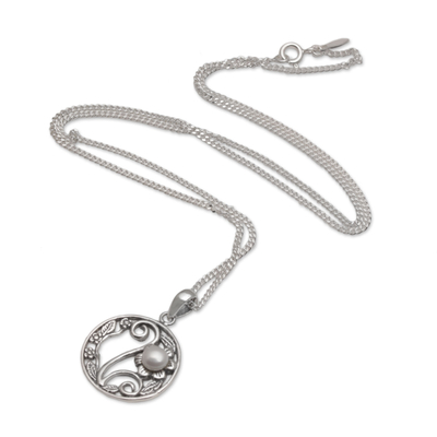 Cultured pearl pendant necklace, 'Beautiful Morning' - Pearl and Sterling Silver Flower-Themed Pendant Necklace