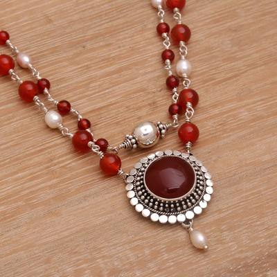 Cultured pearl and carnelian pendant necklace, 'My Trust' - Cultured Freshwater Pearl and Carnelian Pendant from Bali