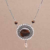 Cultured pearl and tiger's eye pendant necklace, 'This Moment' - Cultured Freshwater Pearl and Tigers Eye Pendant Necklace